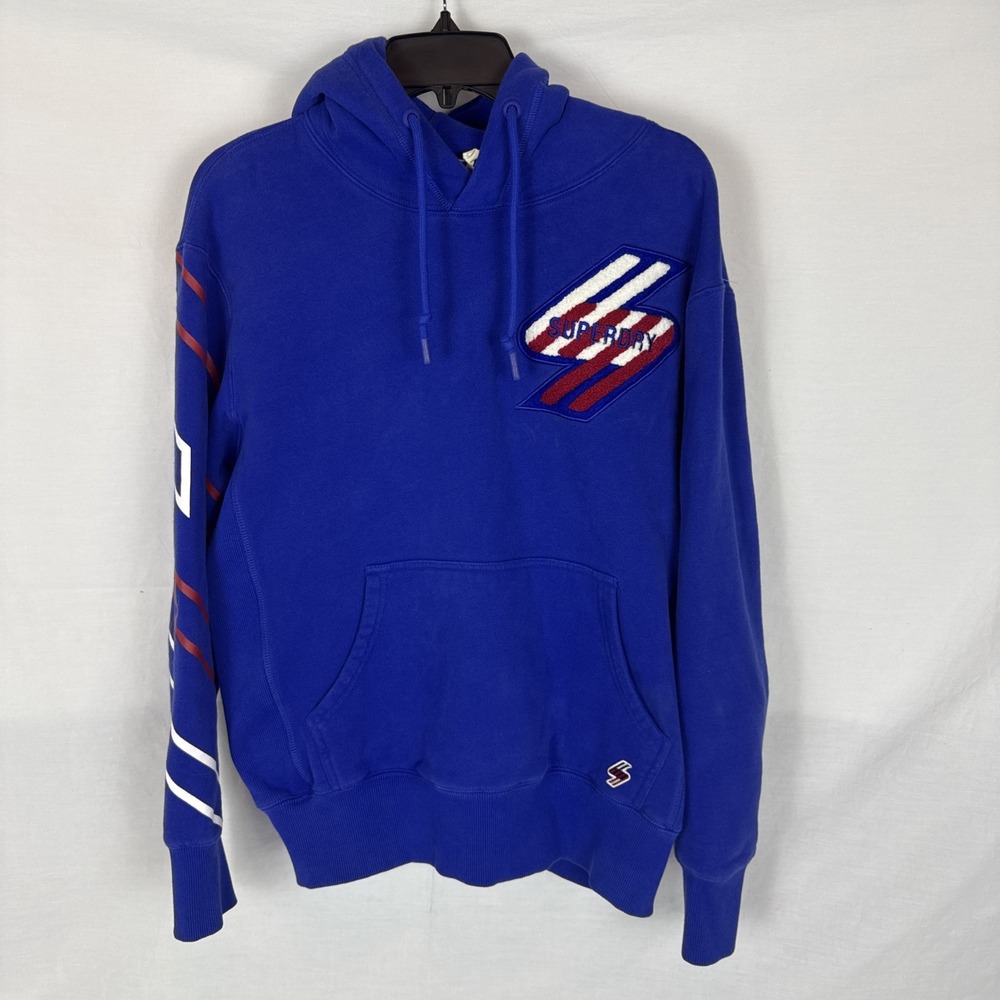 Superdry Hoodie Men's Size L Raised Logo Hooded Drawstring Blue